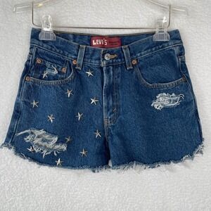 Levis 550 Relaxed Fit Star Studded Distressed Denim Shorts Blue Womens 29
